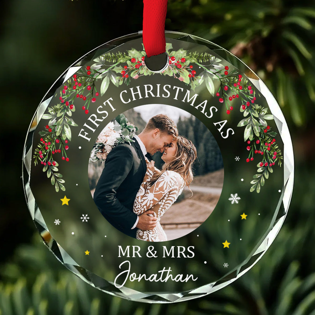 Custom Photo First Christmas Ornament Married, Gift for Newlyweds • First Time - Personalized Glass Ornament