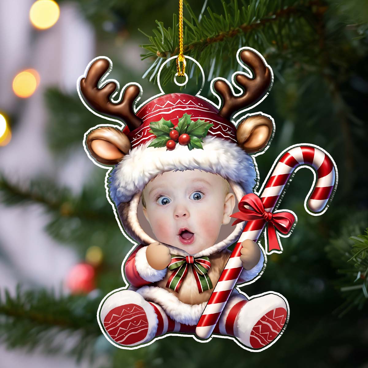 Custom Photo Baby Christmas Ornament for New Parents • Baby Reindeer Christmas - Personalized Acrylic Ornament