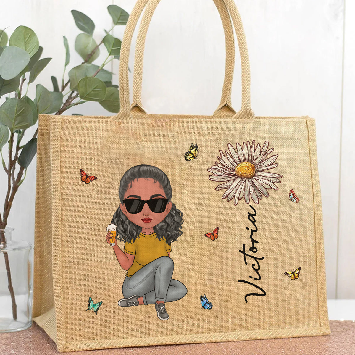 Cartoon Bloom Girl Charm - Personalized Jute Tote Bag