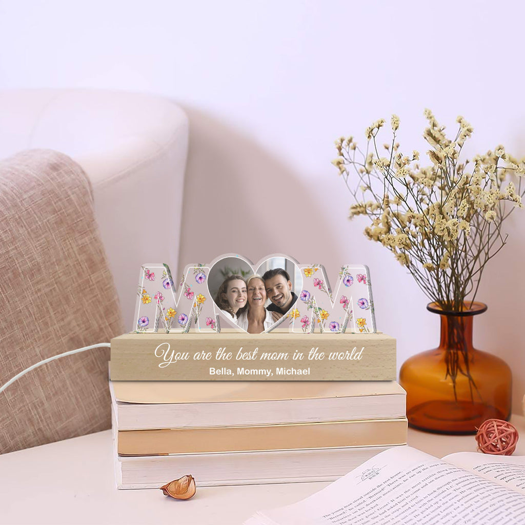Custom Photo Gift for Mom Grandma, Mother's Day Birthday • You Are The World - Personalized Acrylic Letters 3D LED Night Light