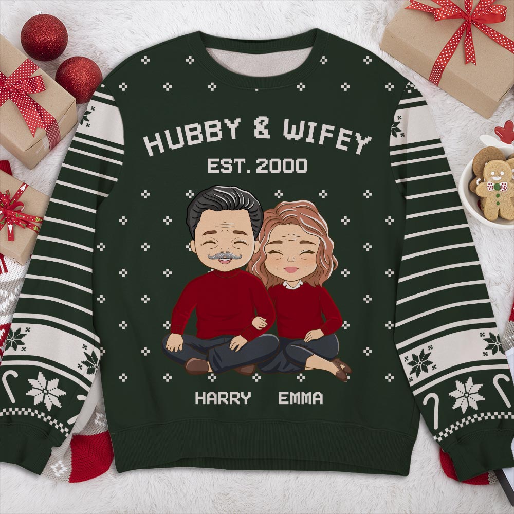 Custom Couple Christmas Sweatshirt, Anniversary Gift • Hubby Wifey - Personalized All-Over-Print Sweatshirt