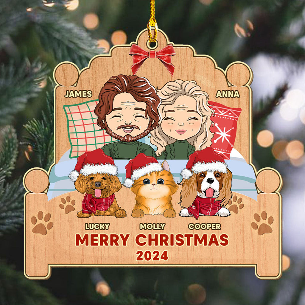 Custom Keepsake Christmas Ornament •  Happy Family With Pets - Personalized 1-layered Wood Ornament