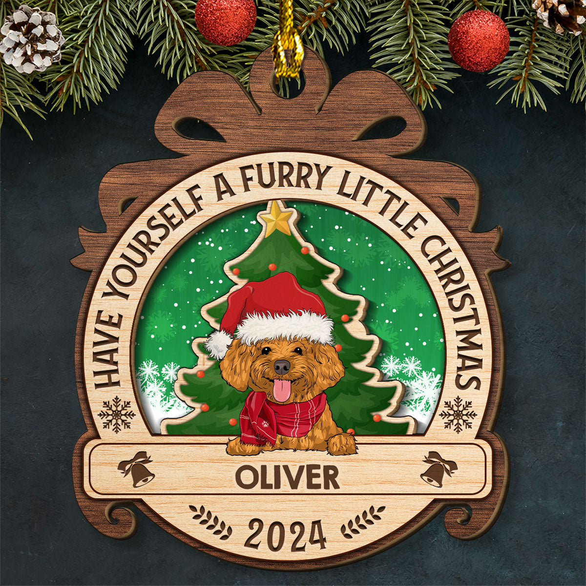 Custom Keepsake Christmas Ornament •  A Furry Little Christmas - Personalized 2-layered Wood Ornament