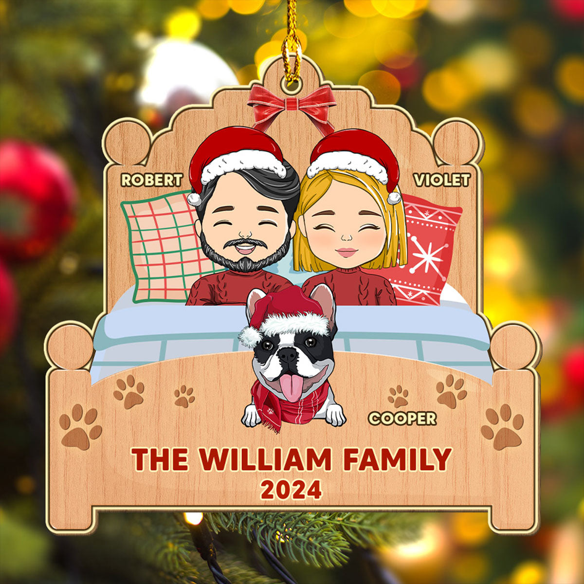 Custom Keepsake Christmas Ornament •  Happy Family With Pets - Personalized 1-layered Wood Ornament