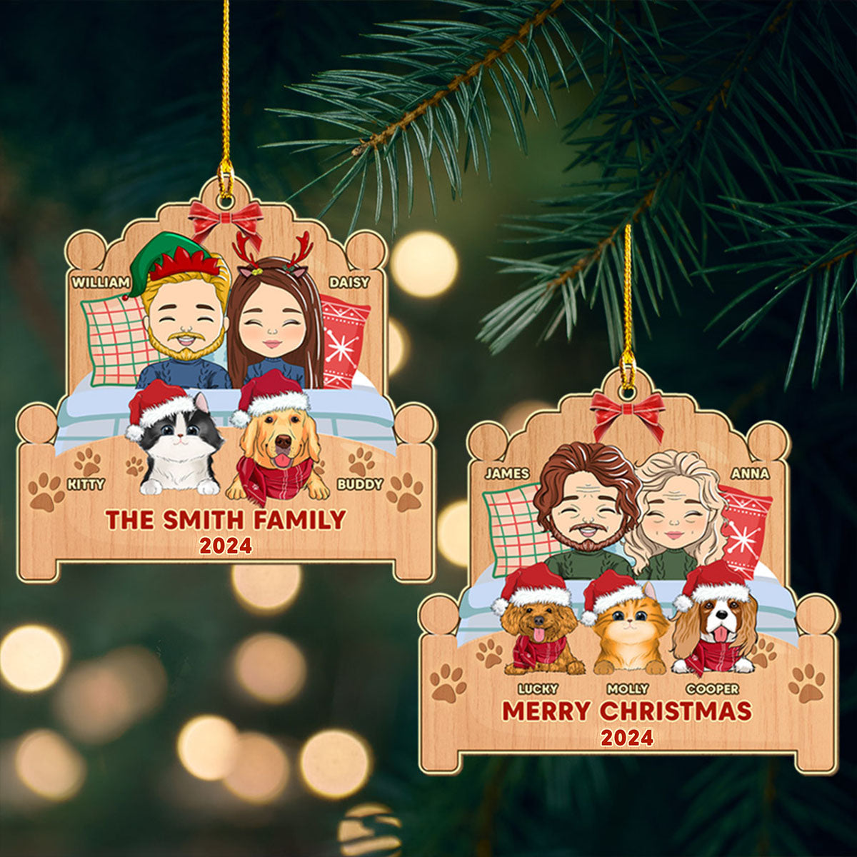 Custom Keepsake Christmas Ornament •  Happy Family With Pets - Personalized 1-layered Wood Ornament