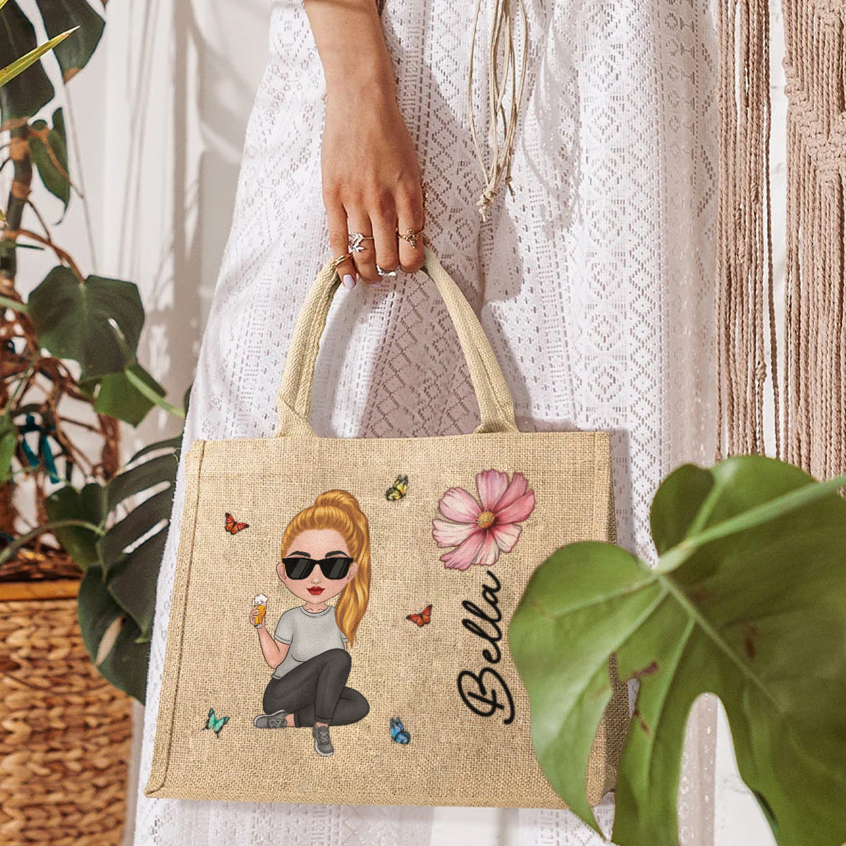 Cartoon Bloom Girl Charm - Personalized Jute Tote Bag