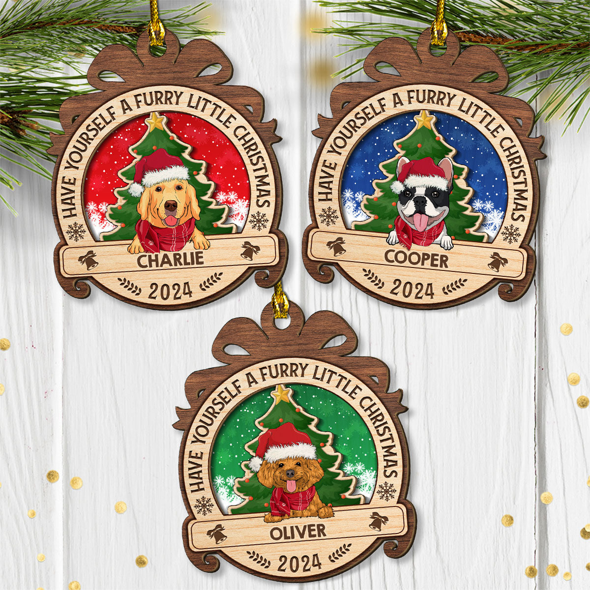 Custom Keepsake Christmas Ornament •  A Furry Little Christmas - Personalized 2-layered Wood Ornament