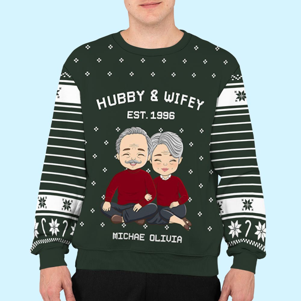 Custom Couple Christmas Sweatshirt, Anniversary Gift • Hubby Wifey - Personalized All-Over-Print Sweatshirt