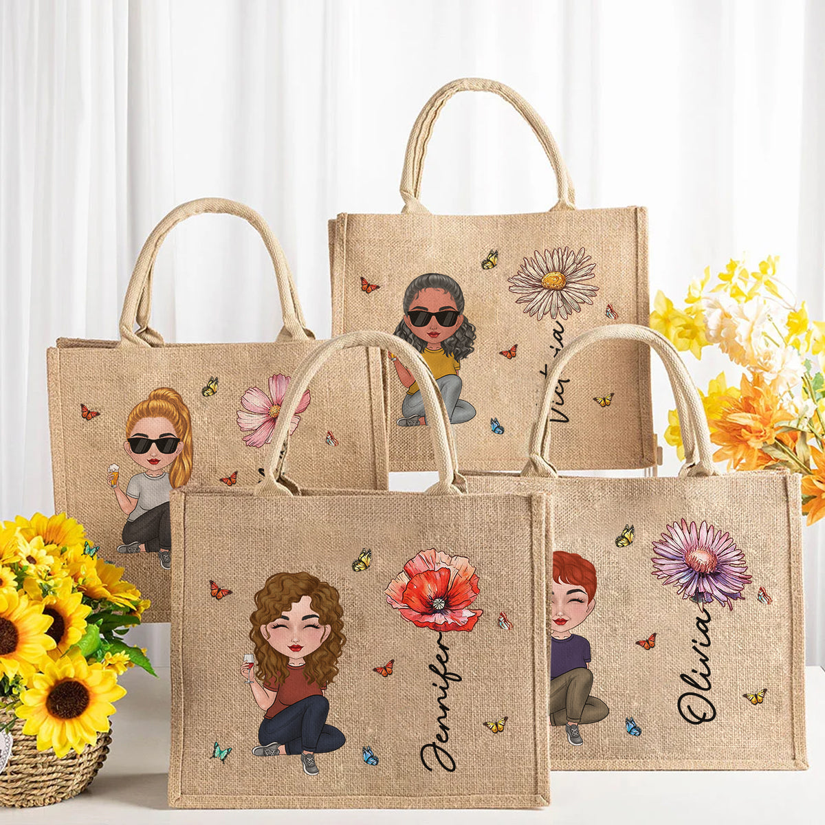 Cartoon Bloom Girl Charm - Personalized Jute Tote Bag