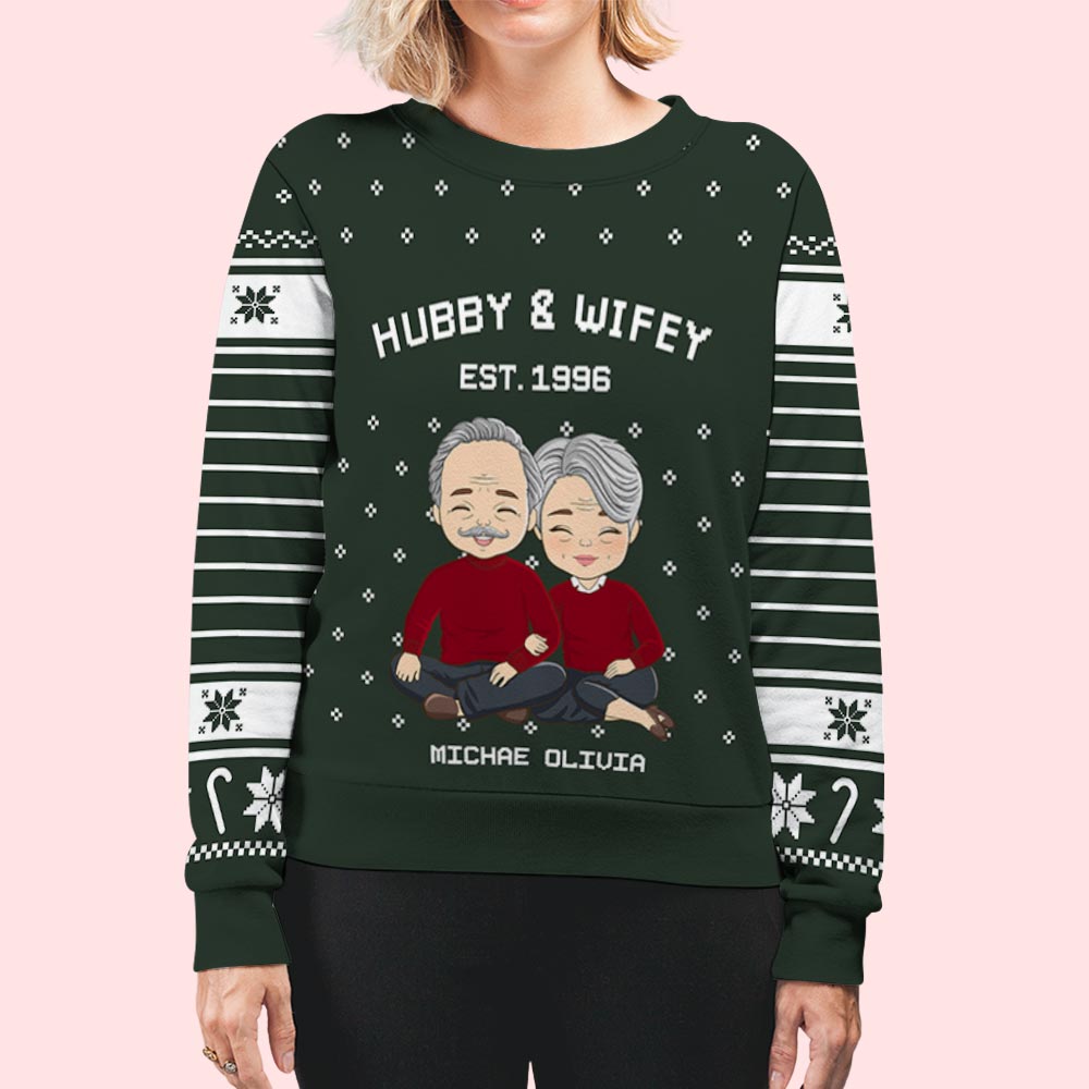 Custom Couple Christmas Sweatshirt, Anniversary Gift • Hubby Wifey - Personalized All-Over-Print Sweatshirt