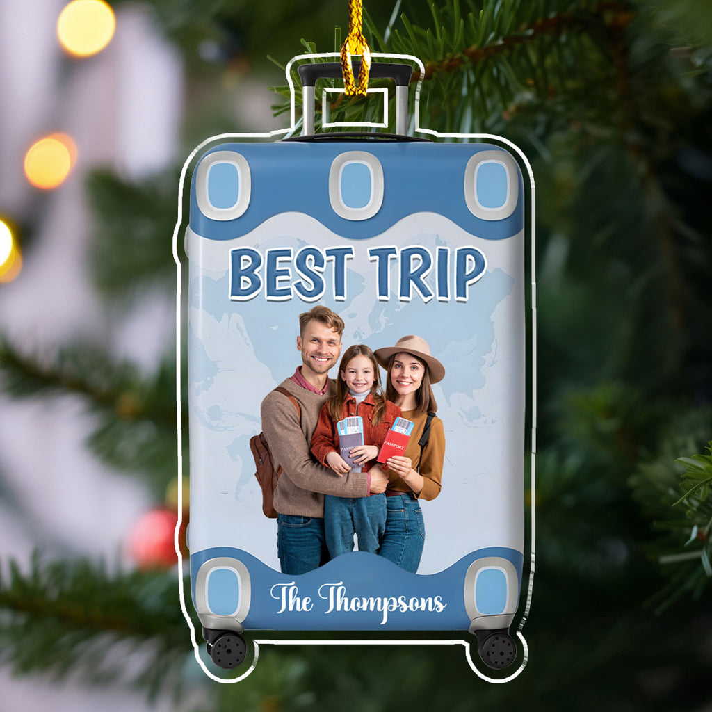 Custom Photo Family Ornament, Christmas Gift for Family Members • Best Trip Luggage Shape - Personalized Acrylic Ornament