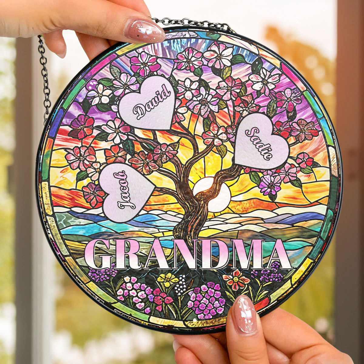 Custom Name Grandma Hanging Decor, Mother's Day Birthday Gifts • Love Grows Here - Personalized Stained Glass Window Hanging Suncatcher