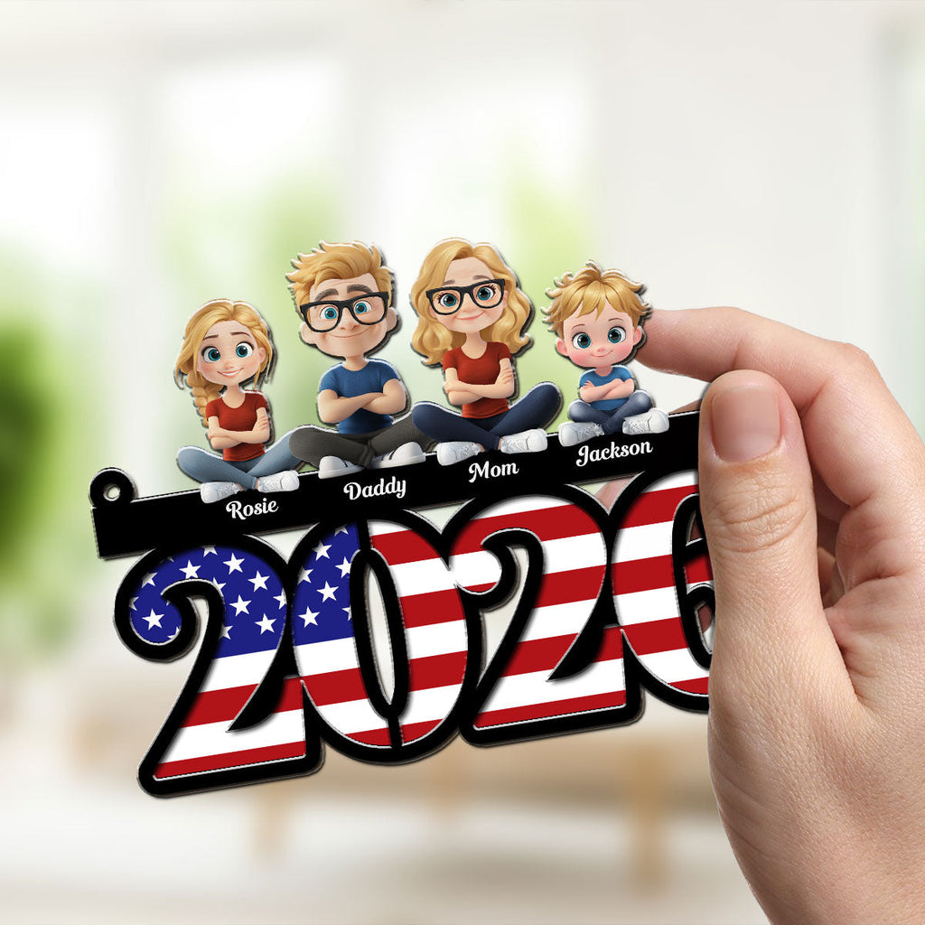 Custom Family Patriotic Hanging Decor, 4th of July • Family Sitting America 250th Anniversary - Personalized Suncatcher