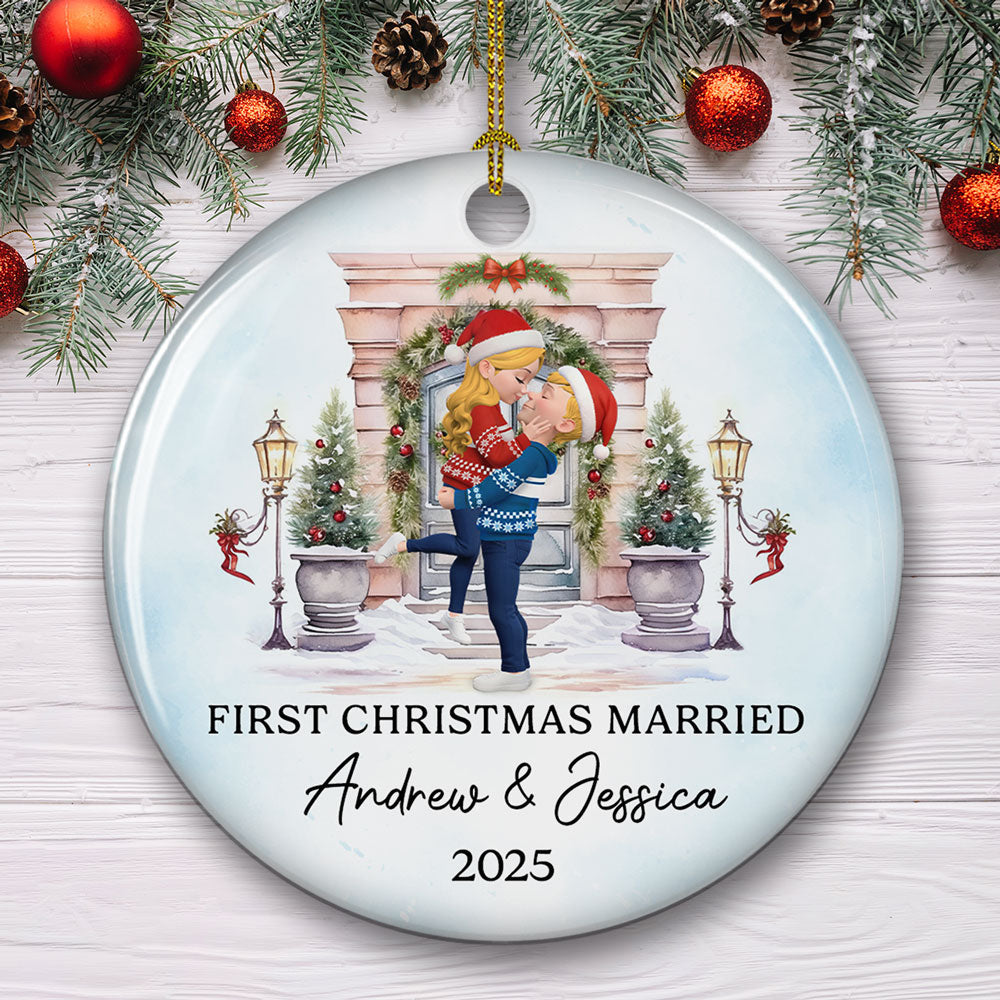 Custom First Christmas Ornament Married, Gift for Newlyweds •  Love Shines Bright This Christmas - Personalized Ceramic Ornament