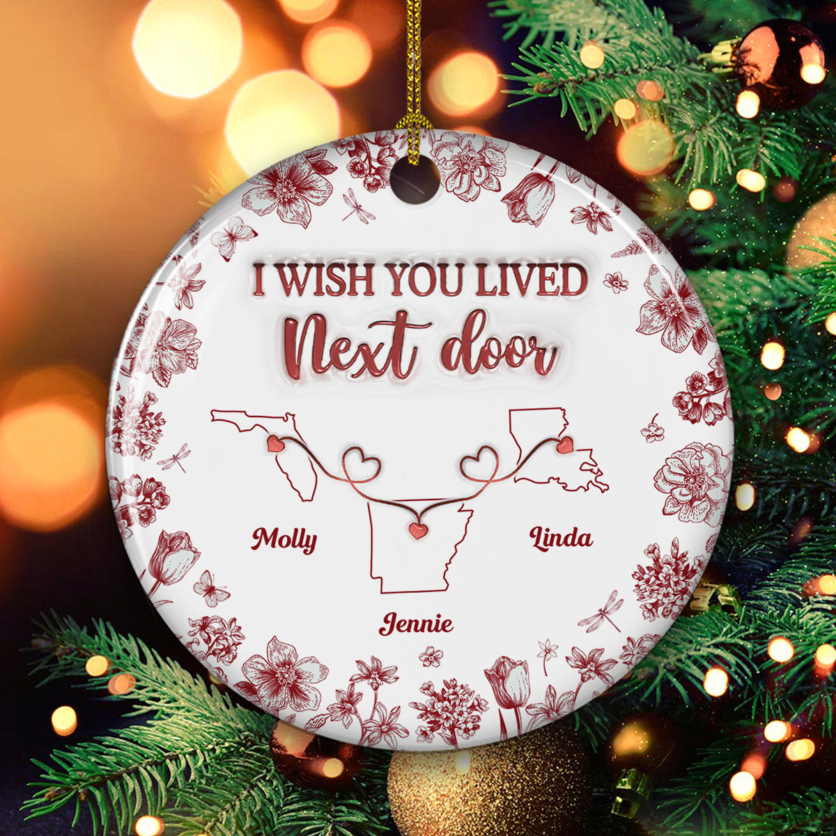 Custom Friendship Christmas Ornament, Best Friend Gift •  I Wish Blue Toile Style - Personalized 3D Inflated Effect Ceramic Ornament