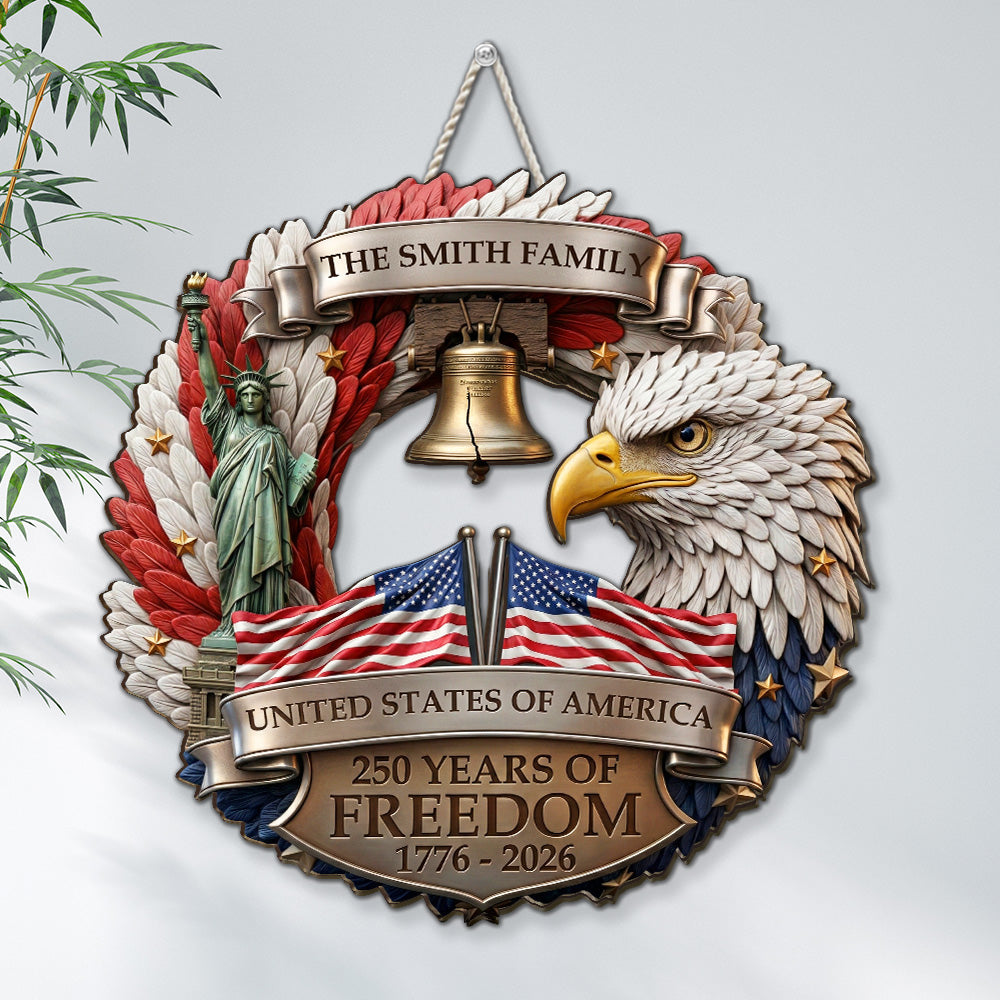 Custom Family Patriotic Hanging Decor, 4th of July • 250 Years Strong Together - Personalized Wood Sign