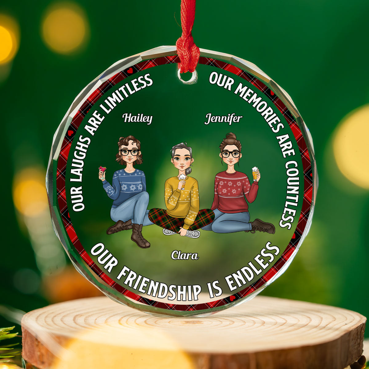 Custom Friendship Christmas Ornament, Best Friend Gift •  Our Laughs Are Limitless - Personalized Glass Ornament