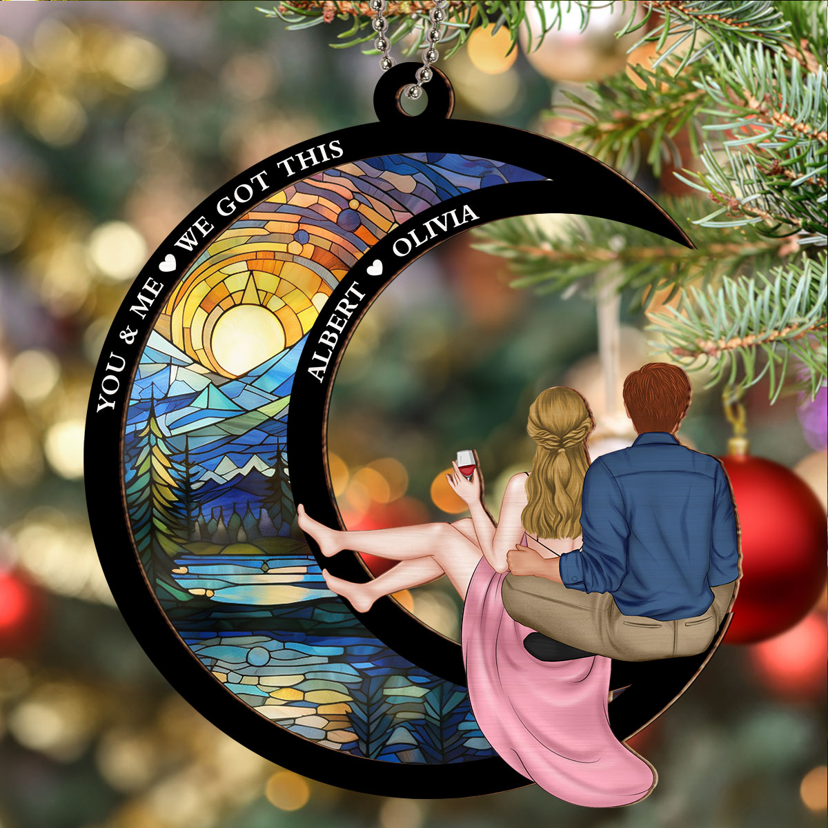 Custom Couple Christmas Ornament, Anniversary Gift •  Love You To The Moon And Back - Personalized Suncatcher Ornament