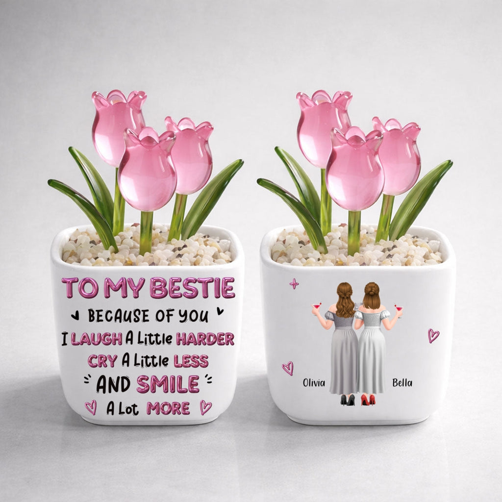 Custom Flower Keepsake, Glass Home Decor Gift for Best Friend • Smile More - Personalized Glass Everlasting Tulips