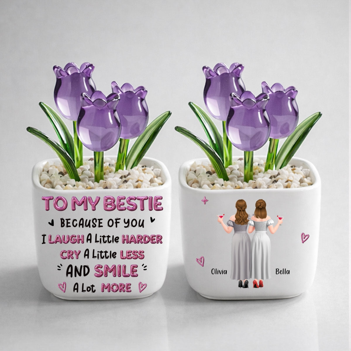 Custom Flower Keepsake, Glass Home Decor Gift for Best Friend • Smile More - Personalized Glass Everlasting Tulips