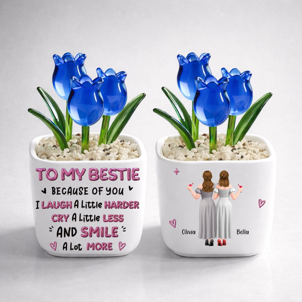 Custom Flower Keepsake, Glass Home Decor Gift for Best Friend • Smile More - Personalized Glass Everlasting Tulips