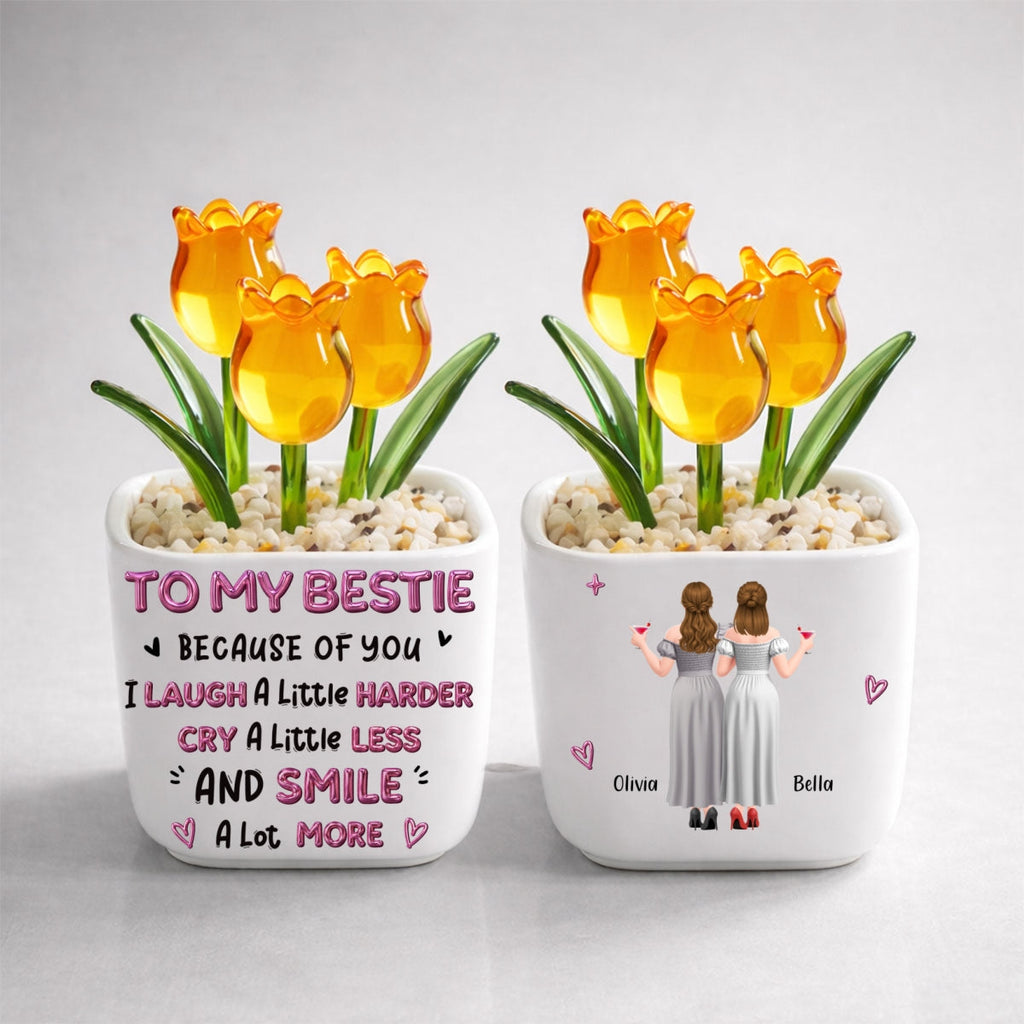 Custom Flower Keepsake, Glass Home Decor Gift for Best Friend • Smile More - Personalized Glass Everlasting Tulips