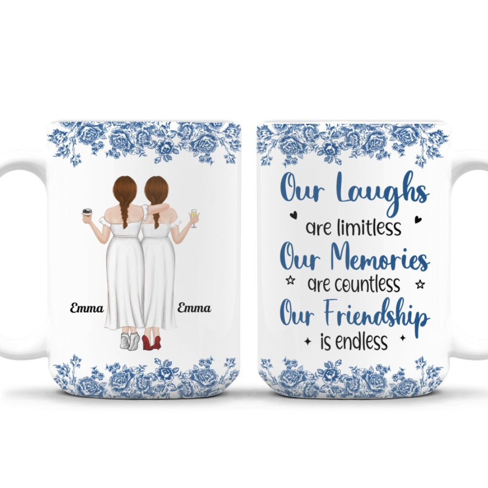 Custom Best Friend, Christmas & Birthday Friendship Keepsake Gift • Our Laughs Are Limitless Blue Toile - Personalized Coffee Mug