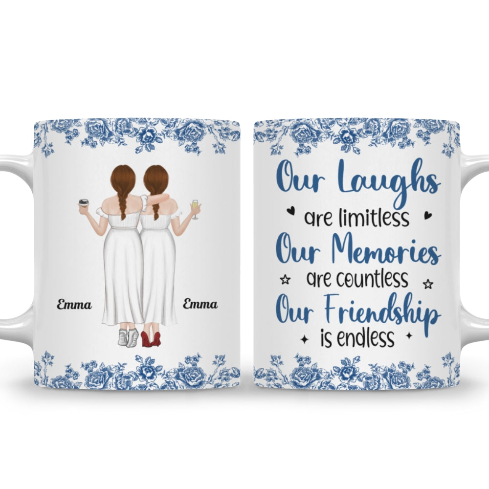 Custom Best Friend, Christmas & Birthday Friendship Keepsake Gift • Our Laughs Are Limitless Blue Toile - Personalized Coffee Mug