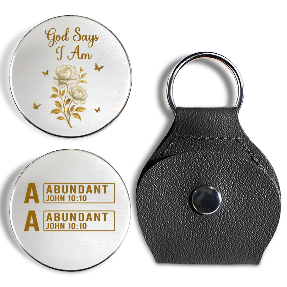 Custom Coin Keychain, Daily Reminder with Leather Holder • God Says I Am - Personalized Pocket Hug