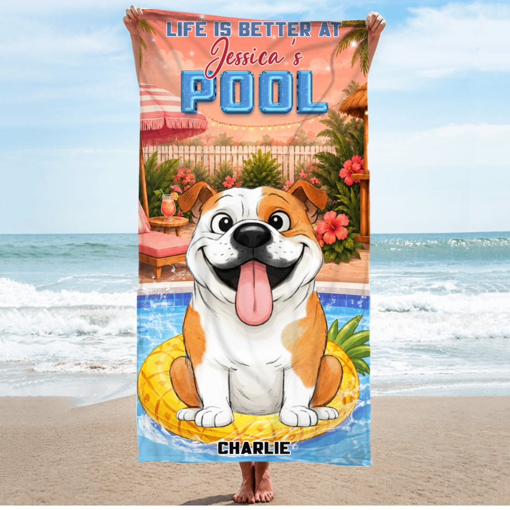 Stylized Cartoon Dog Pool - Personalized Beach Towel