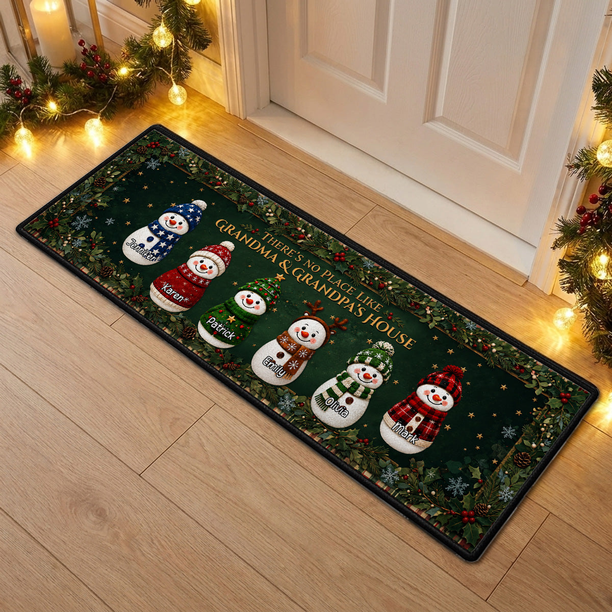 Custom Family Name Christmas Rug, Holiday Gift For Grandma Grandpa • Cozy Snowman Family - Personalized Runner Rug
