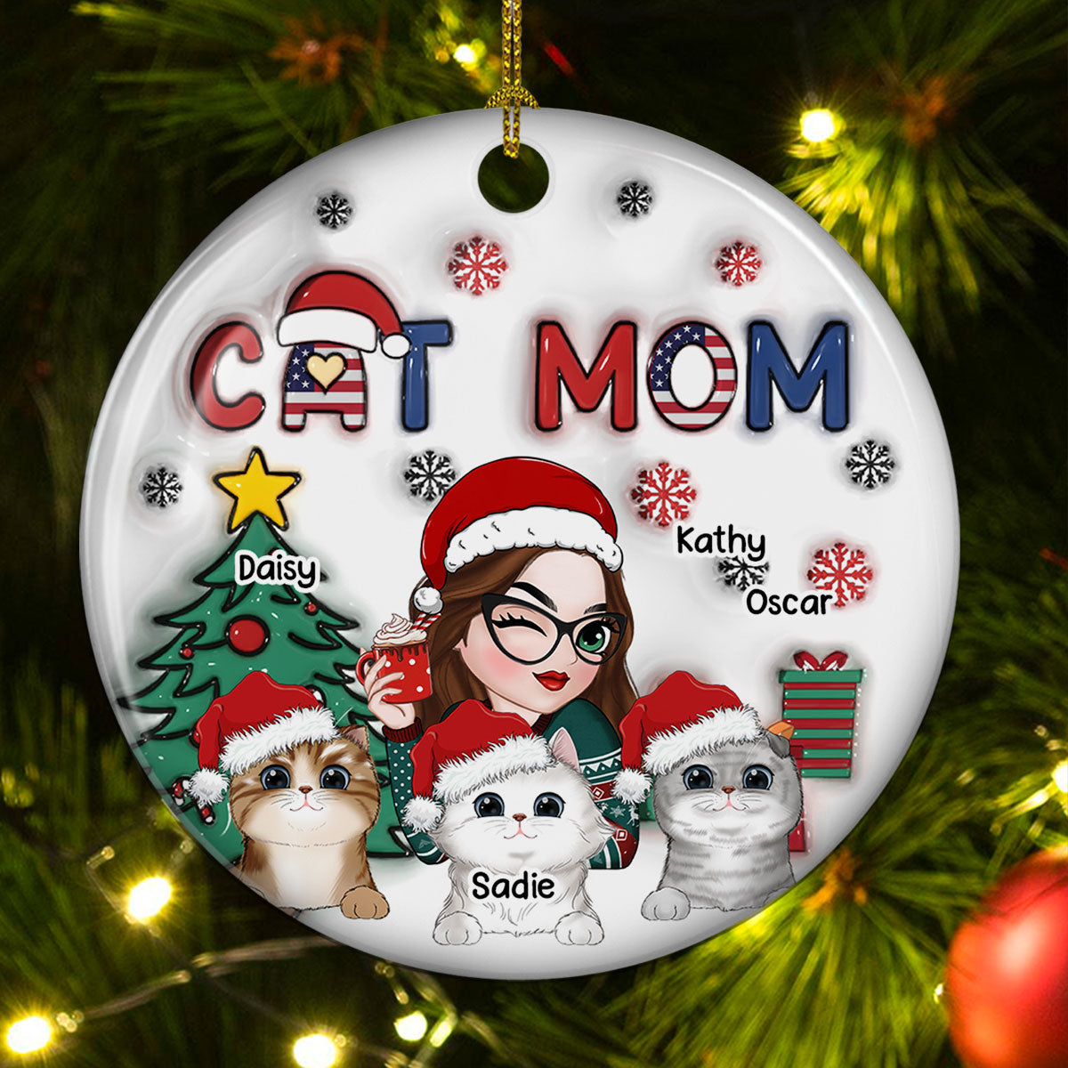 Custom Keepsake Christmas Ornament •  American Cat Mom Christmas - Personalized 3D Inflated Effect Ceramic Ornament