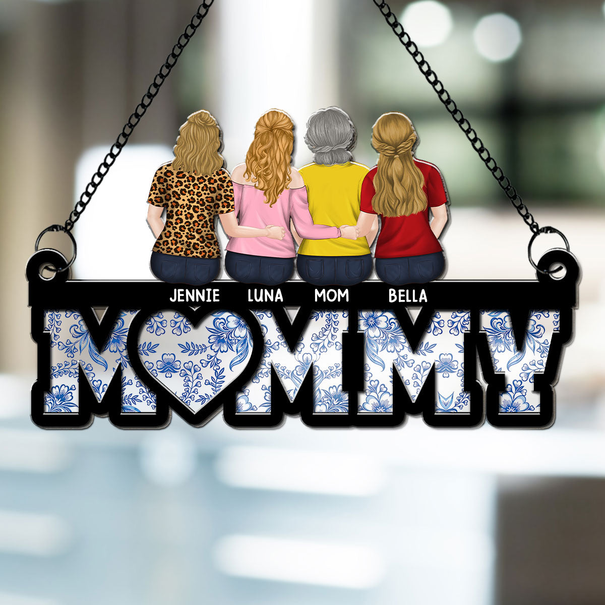 Custom Hanging Decor for Mom Daughter, Mother's Day Gifts • Mother And Daughter Sitting Together - Personalized Suncatcher