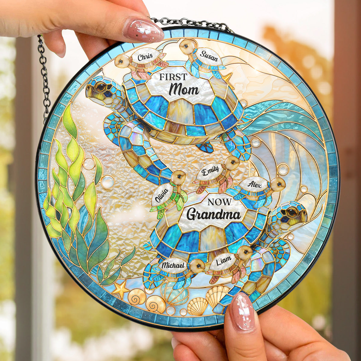 Custom Name Hanging Decor, Birthday Housewarming Gift • Grandmas Love Flows Like Tides - Personalized Window Hanging Suncatcher