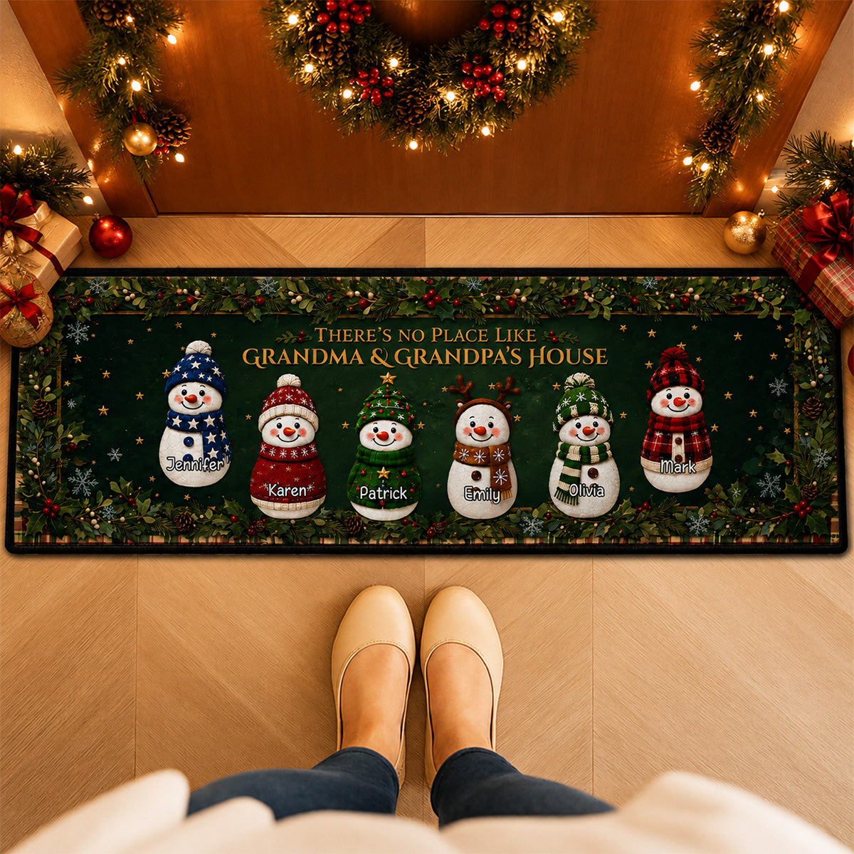 Custom Family Name Christmas Rug, Holiday Gift For Grandma Grandpa • Cozy Snowman Family - Personalized Runner Rug