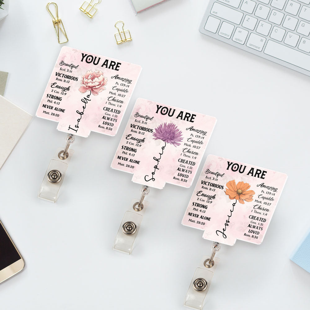 Custom Birth Flower ID Holder For Coworker, Office Gift With Name • God Says You Are - Personalized Acrylic Badge Reel