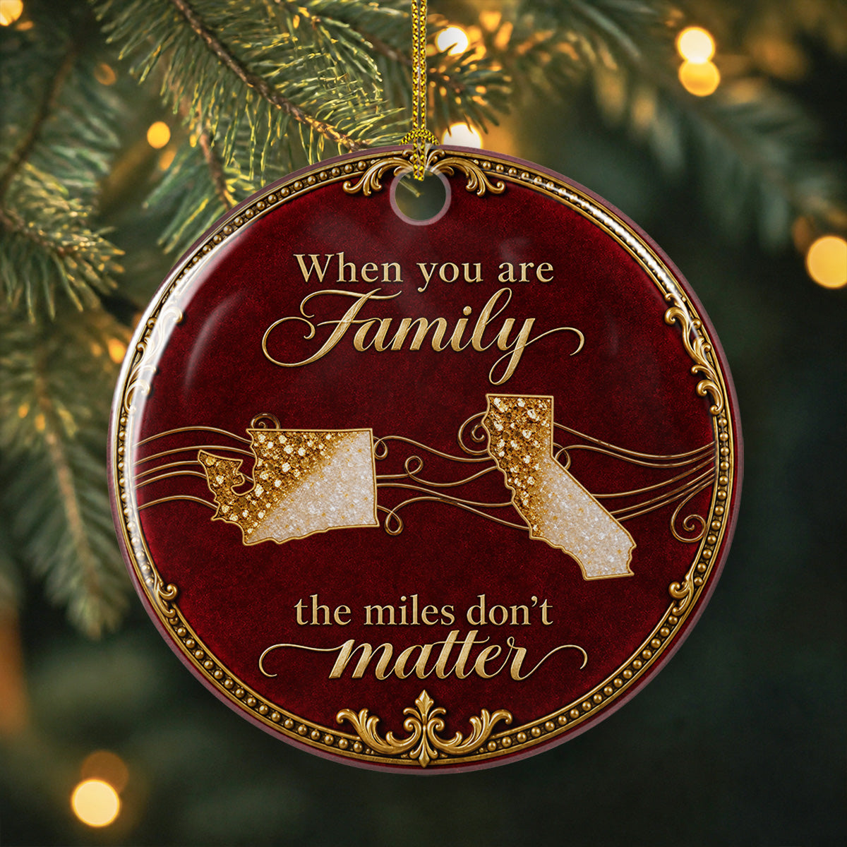 Custom Family Ornament, Christmas Gift for Family Members •  Love Makes The Miles Disappear - Personalized Ceramic Ornament