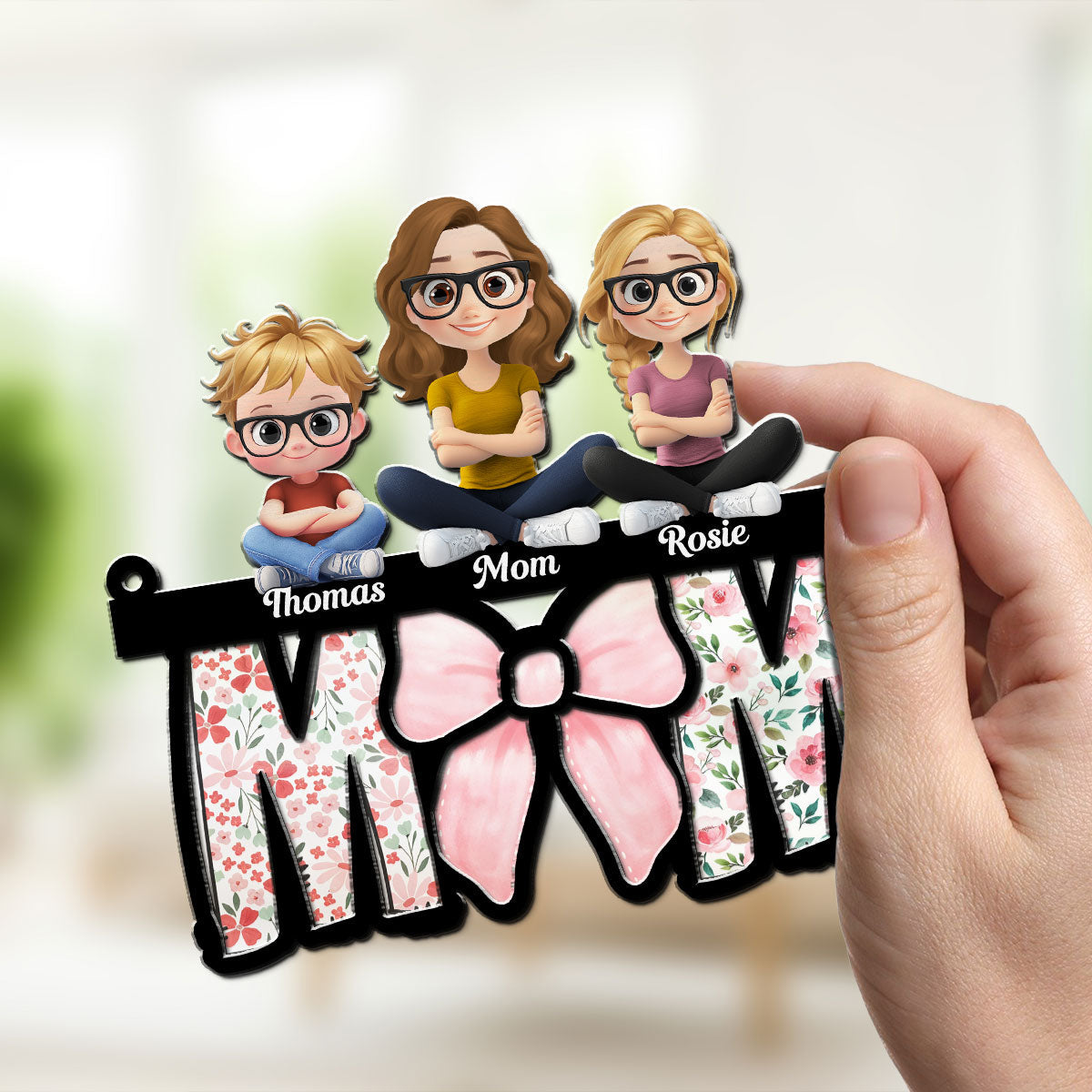 Custom Hanging Decor for Mom Daughter, Mother's Day Gifts • Mom Put A Bow On It - Personalized Suncatcher