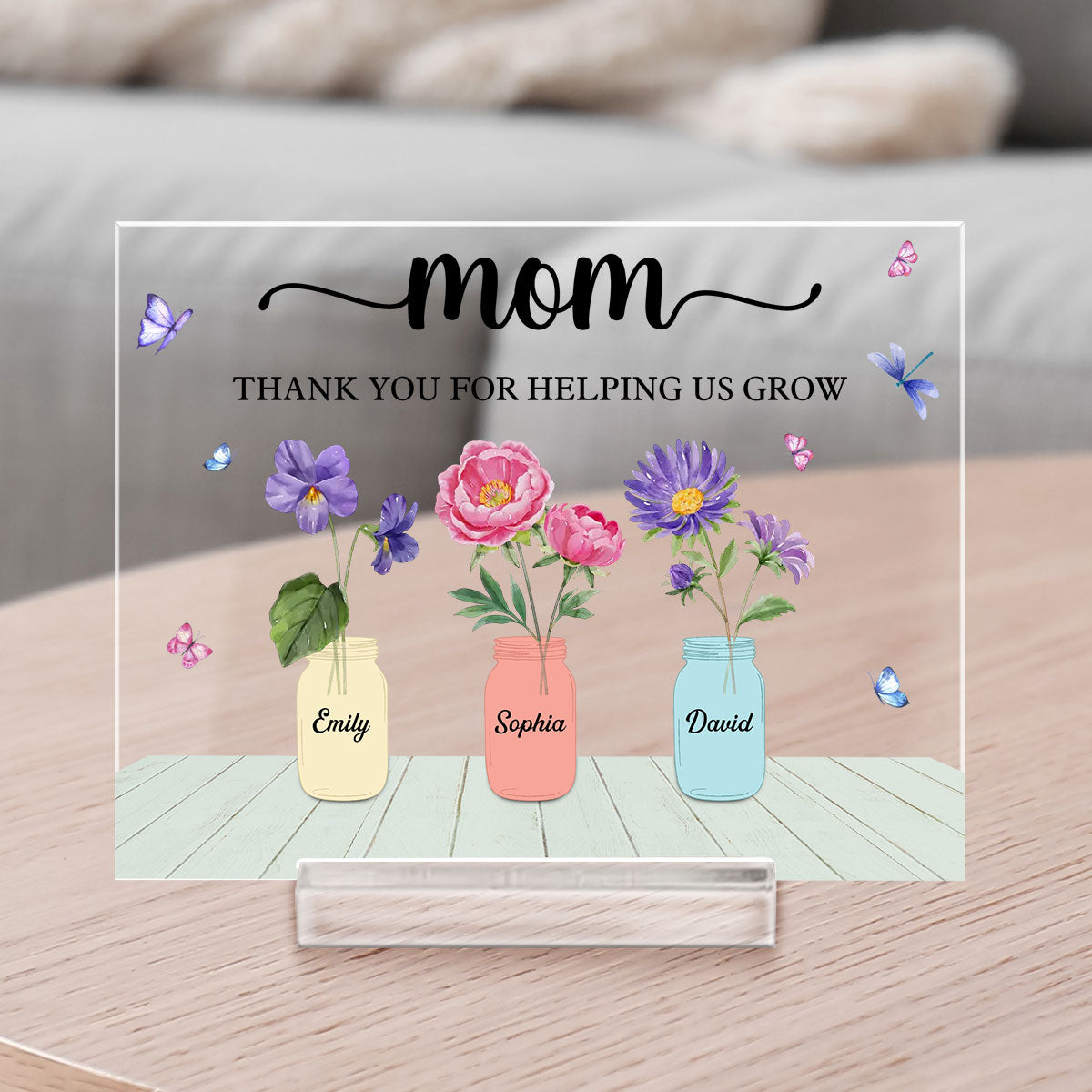 Custom Mother's Day Decor, Gift for Mom & Grandma • Thank You For Helping Us Grow - Personalized Acrylic Plaque With Base