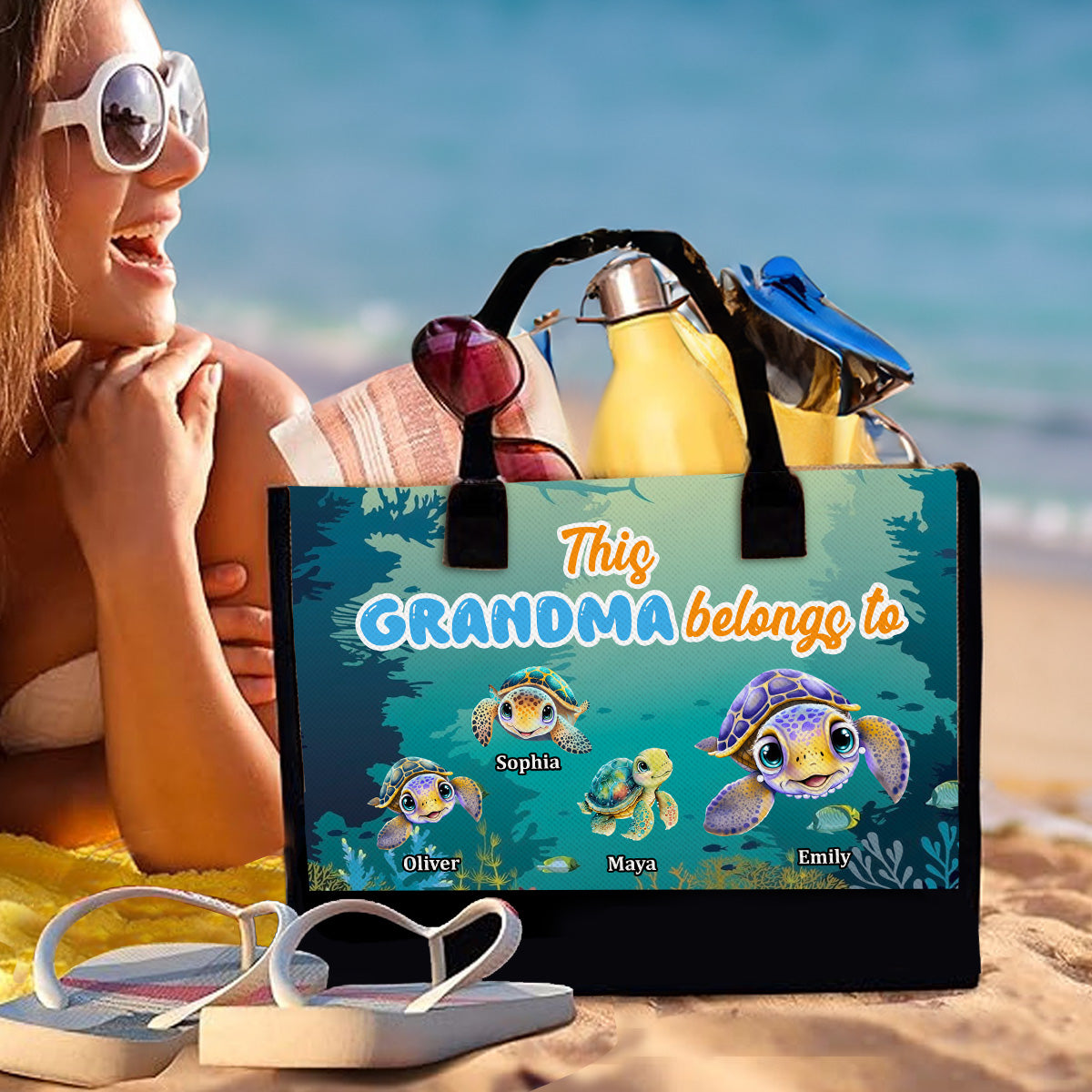 This Grandma Belongs To Turtle Summer - Personalized Canvas Tote Bag