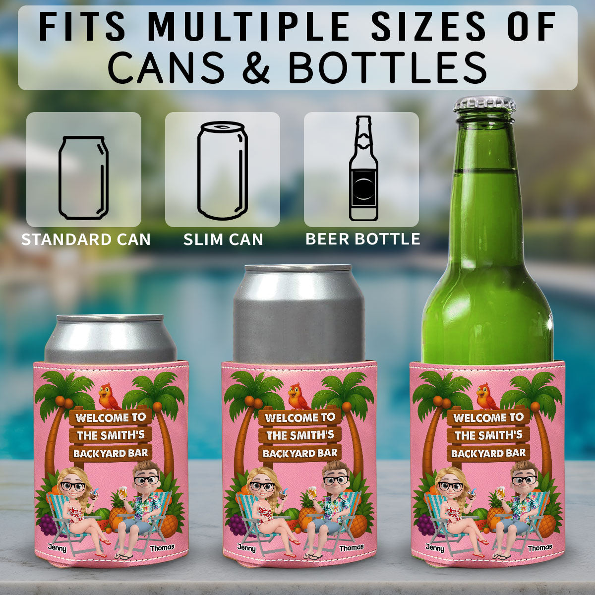 Welcome To Our Tiki Bar - Personalized Pink Leather Can Cooler Holder