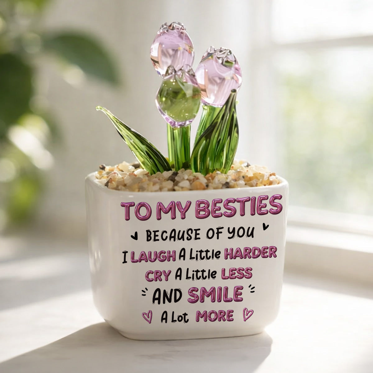 Custom Flower Keepsake, Glass Home Decor Gift for Best Friend • Smile More - Personalized Glass Everlasting Tulips