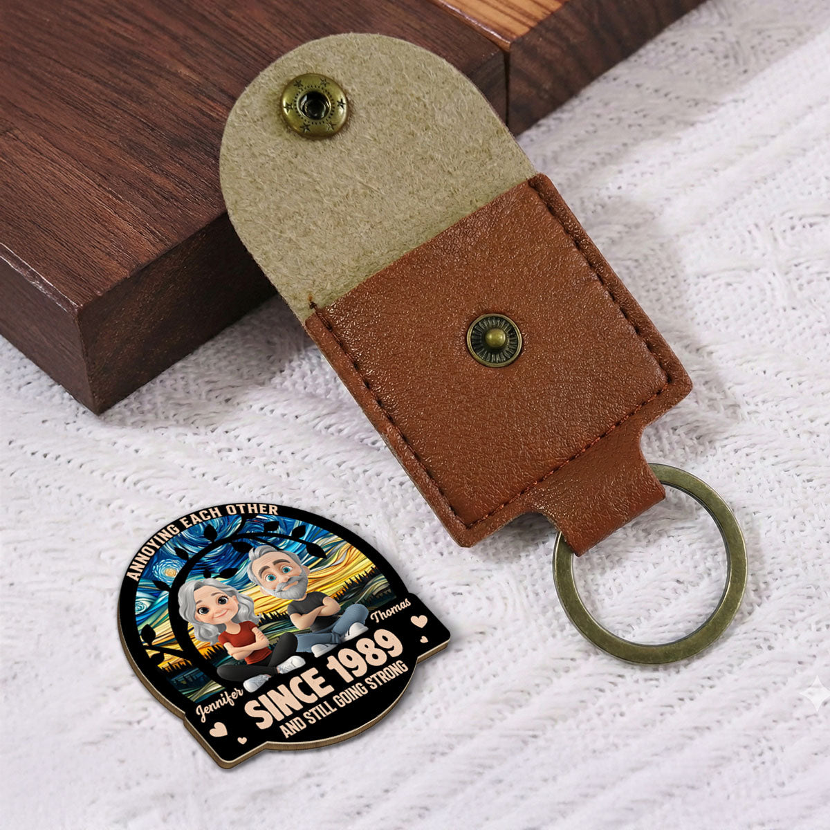 Custom Coin Keychain for Husband, Couple Anniversary Valentine's Day Gifts • To The End Of Us - Personalized Wooden Pocket Hug