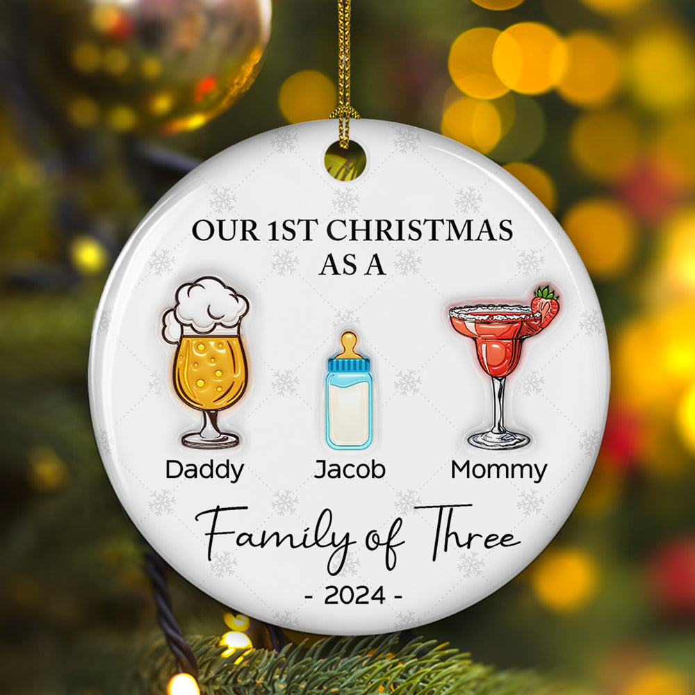 Custom Family First Christmas Ornament •  Cheering First Christmas As A Family - Personalized 3D Inflated Effect Ceramic Ornament