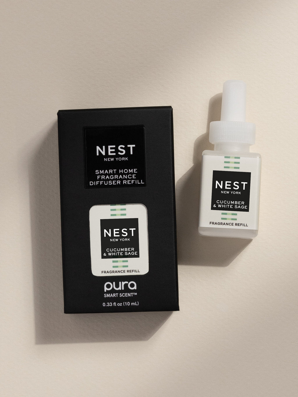 Nest New York Cucumber & White Sage fragrance vial and packaging on a beige background
