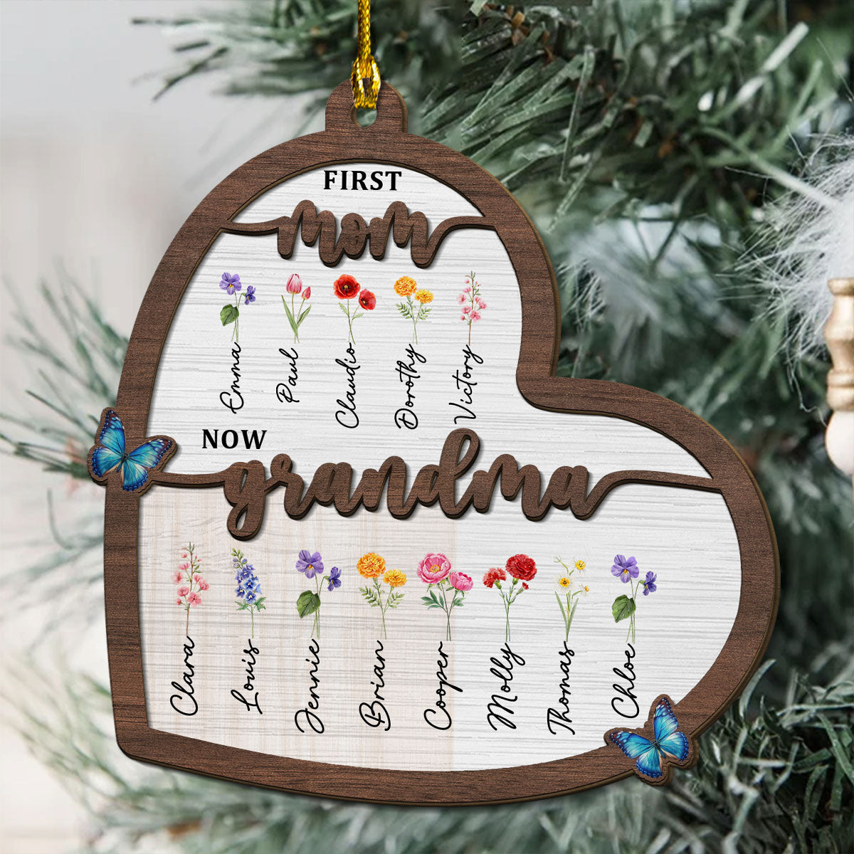 Custom Family Ornament, Christmas Gift for Family Members •  Flower Birth Month Garden Grandma - Personalized 2-layered Wood Ornament