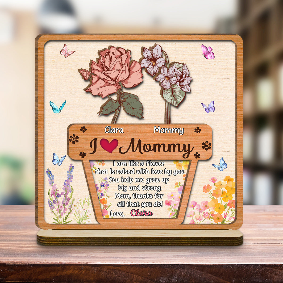 Custom Mother's Day Decor, Gift for Mom & Grandma • Growing Love Flower - Personalized 2-Layer Wood Plaque With Flat Base