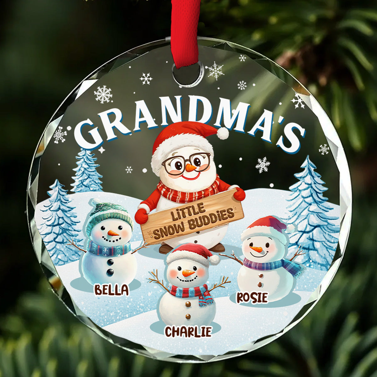 Custom Family Ornament, Christmas Gift for Family Members •  Grandma Little Snow Buddies - Personalized Glass Ornament