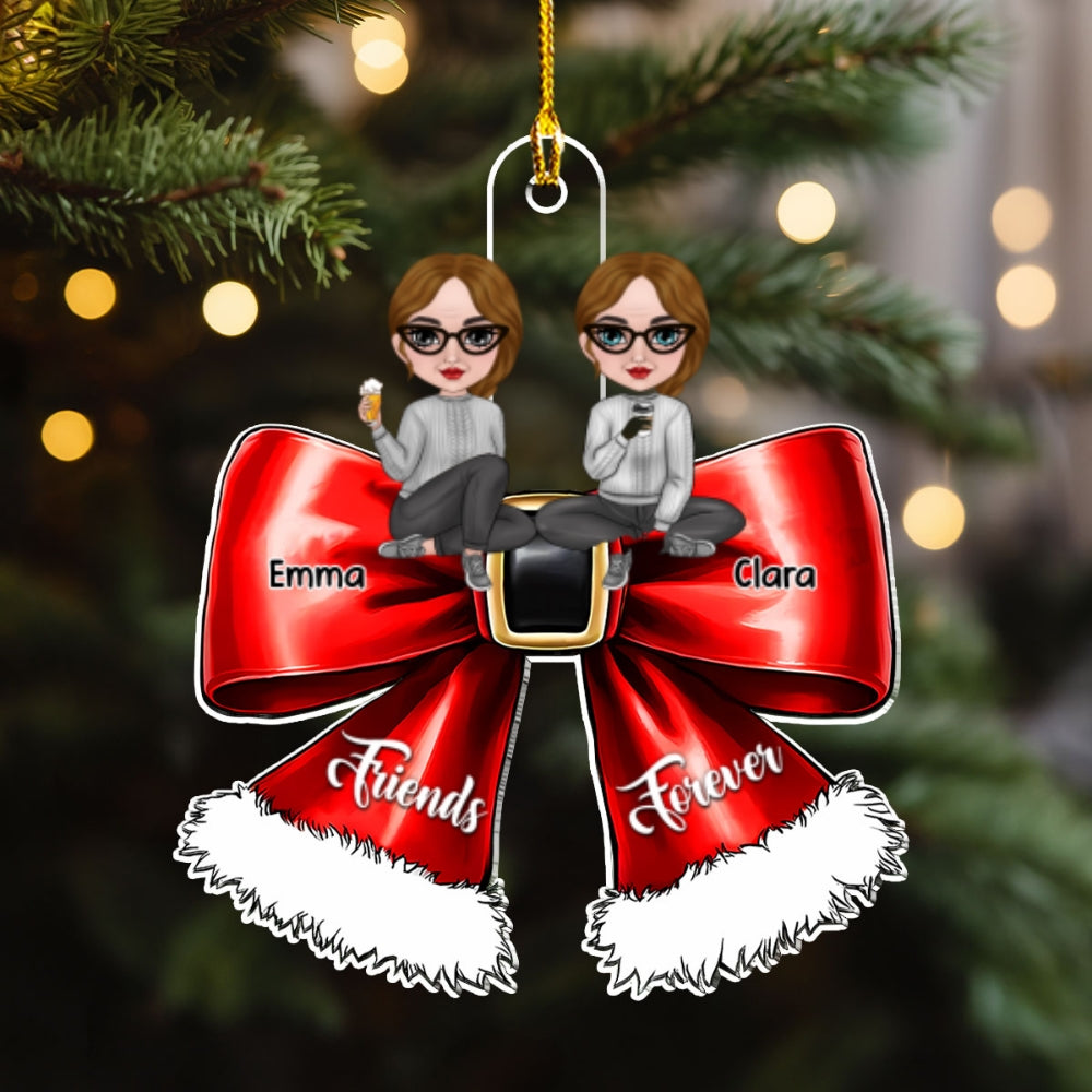 Custom Friendship Christmas Ornament, Best Friend Gift •  Bestie Sitting On Bowtie - Personalized Acrylic Ornament
