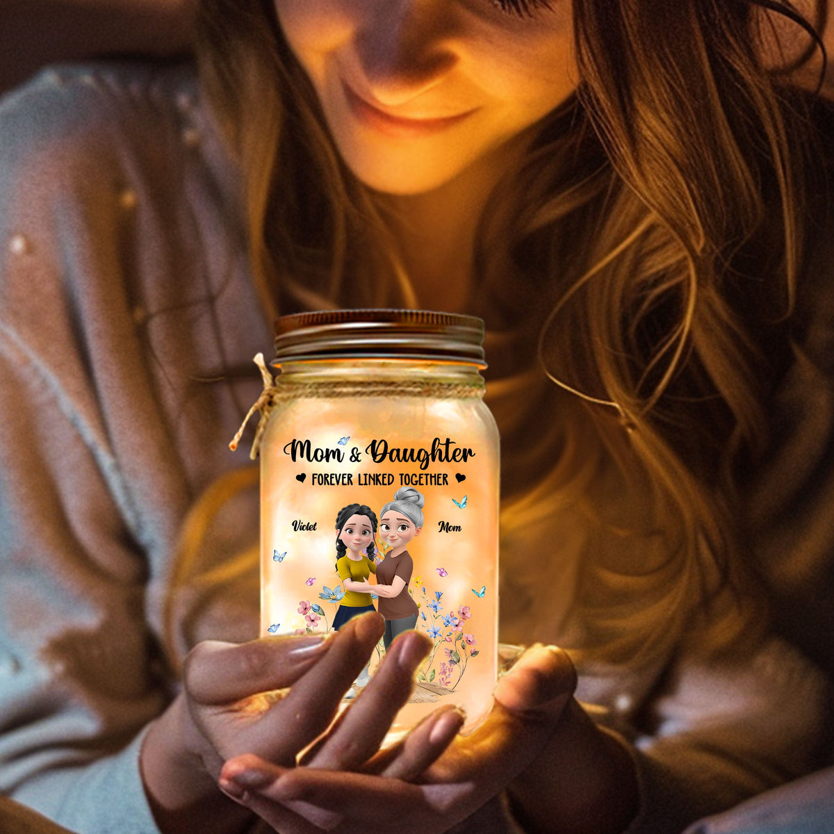 Mom And Daughter Forever Linked Together - Personalized Mason Jar Light